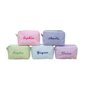 Personalized Seersucker Cosmetic Bag, Monogrammed Toiletry Bag, Embroidered Make Up Bag,Bridal Gift, Bridesmaid Proposal Gift, Bridesmaid Makeup Bag, Cosmetic Pouch (Blue)