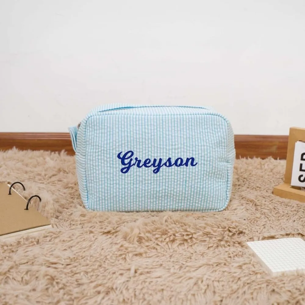 Personalized Seersucker Cosmetic Bag, Monogrammed Toiletry Bag, Embroidered Make Up Bag,Bridal Gift, Bridesmaid Proposal Gift, Bridesmaid Makeup Bag, Cosmetic Pouch (Blue)