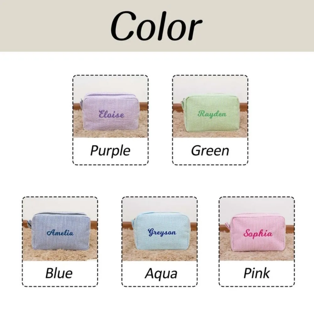Personalized Seersucker Cosmetic Bag, Monogrammed Toiletry Bag, Embroidered Make Up Bag,Bridal Gift, Bridesmaid Proposal Gift, Bridesmaid Makeup Bag, Cosmetic Pouch (Blue)