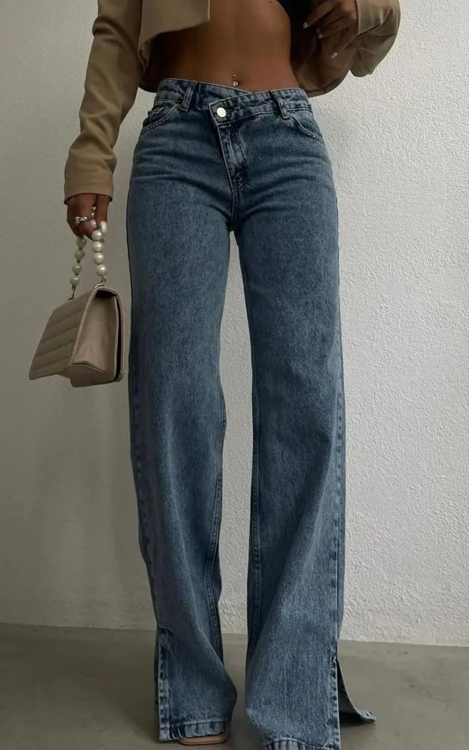 PIRAL Women's Cross Button Straight Jeans  Asymmetric Closure, 100% Cotton, 32-Inch Inseam