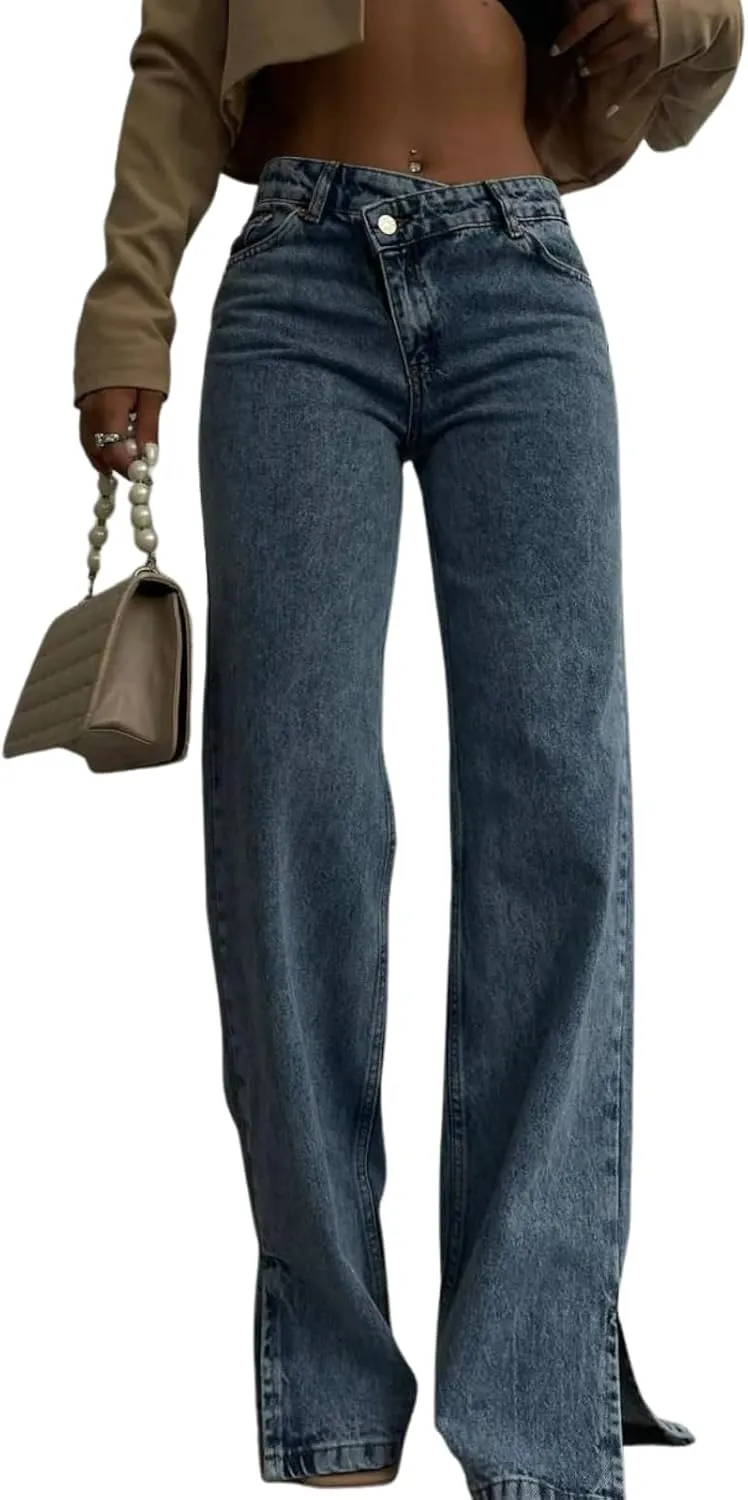PIRAL Women's Cross Button Straight Jeans  Asymmetric Closure, 100% Cotton, 32-Inch Inseam