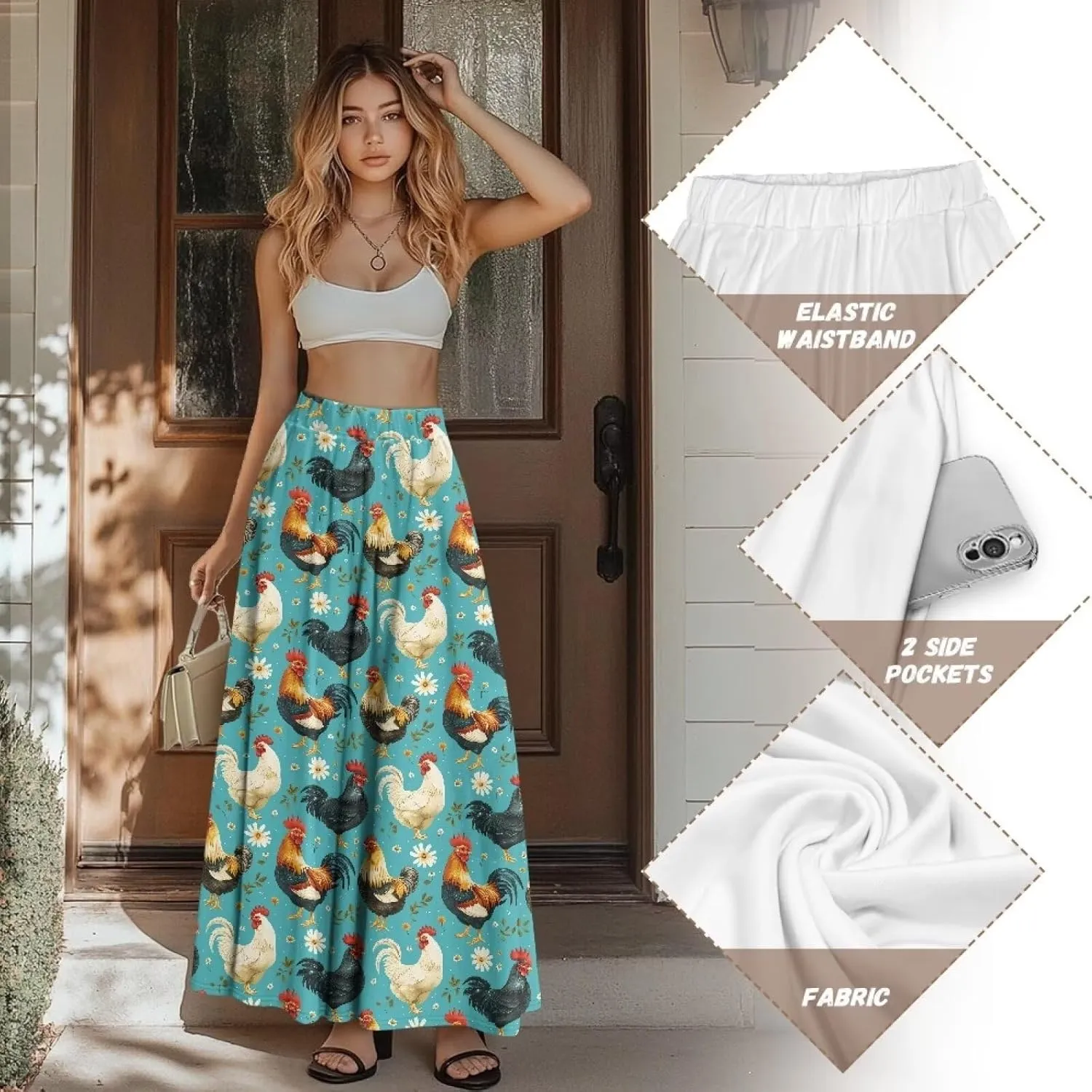 Pleated Skirts for Women with Pockets Loose Elastic High Waist A-Line Long Skirtsfor Party Cocktail Wedding S-2XL