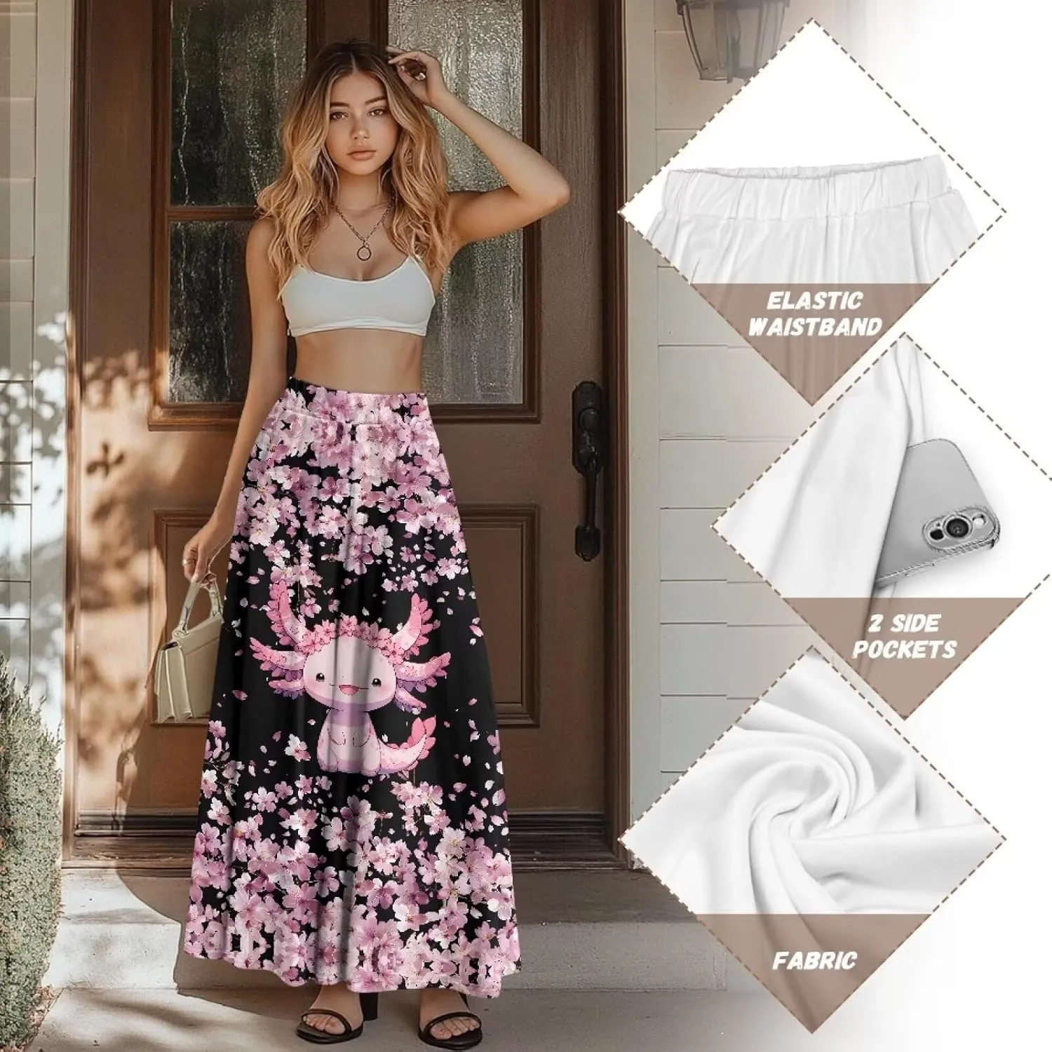 Pleated Skirts for Women with Pockets Loose Elastic High Waist A-Line Long Skirtsfor Party Cocktail Wedding S-2XL