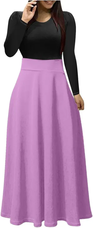 Plus Size Formal Dresses for Women Elegant Long Sleeve Color Block Elastic Waist Maxi Dress Causal Slim Ruffle Dress