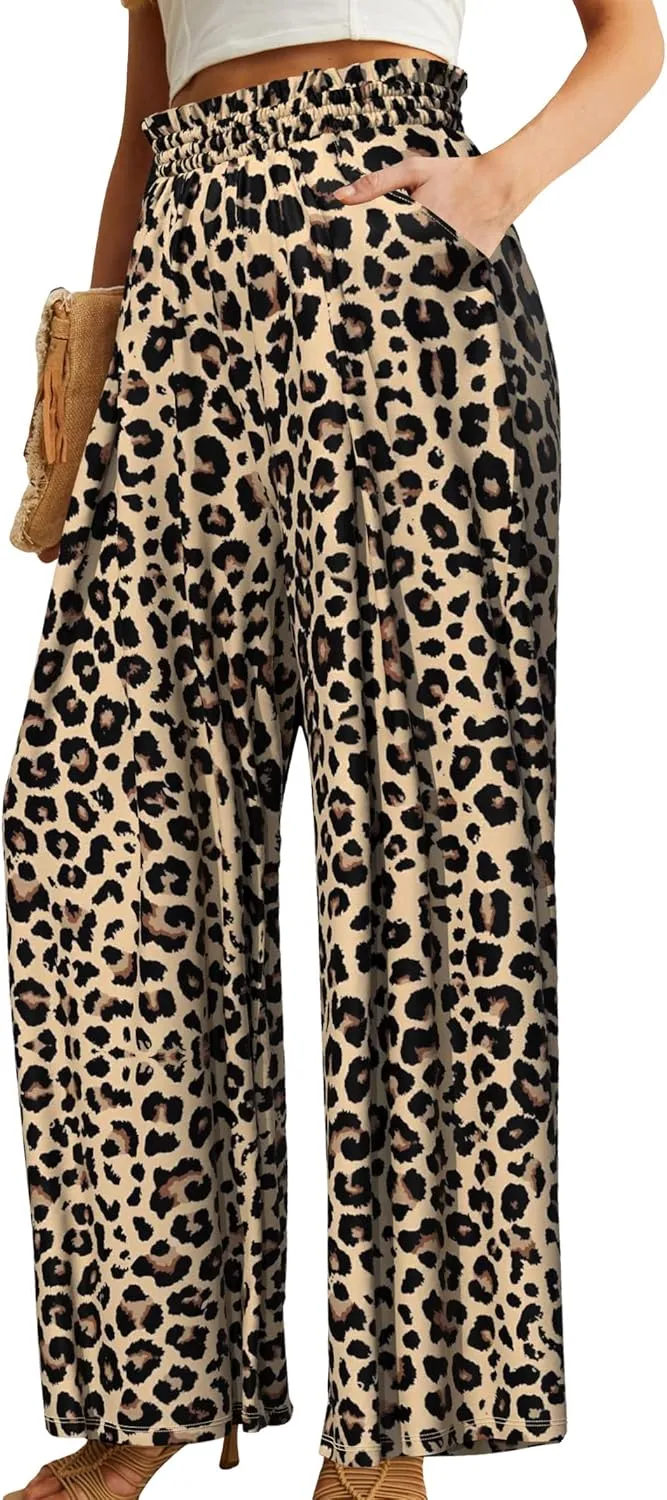 Plus Size Womens Wide Leg Pants High Waist Flowy Business Casual Trousers with Pockets, Adjustable Knot, Loose Fit
