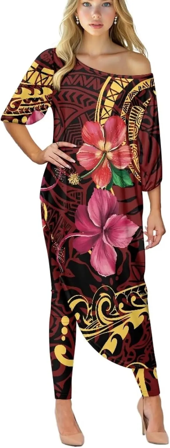 Polynesian Tapa Puletasi Samoan Womens Tracksuits Off The Shoulder Asymmetrica Tops Bodycon Pants Sweatsuit Sets