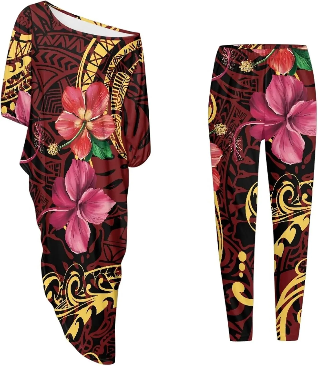 Polynesian Tapa Puletasi Samoan Womens Tracksuits Off The Shoulder Asymmetrica Tops Bodycon Pants Sweatsuit Sets