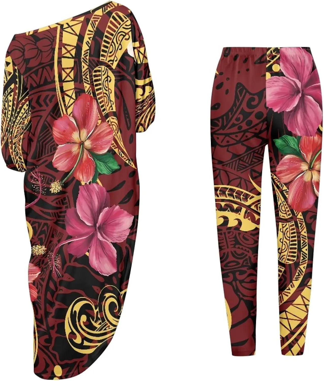 Polynesian Tapa Puletasi Samoan Womens Tracksuits Off The Shoulder Asymmetrica Tops Bodycon Pants Sweatsuit Sets