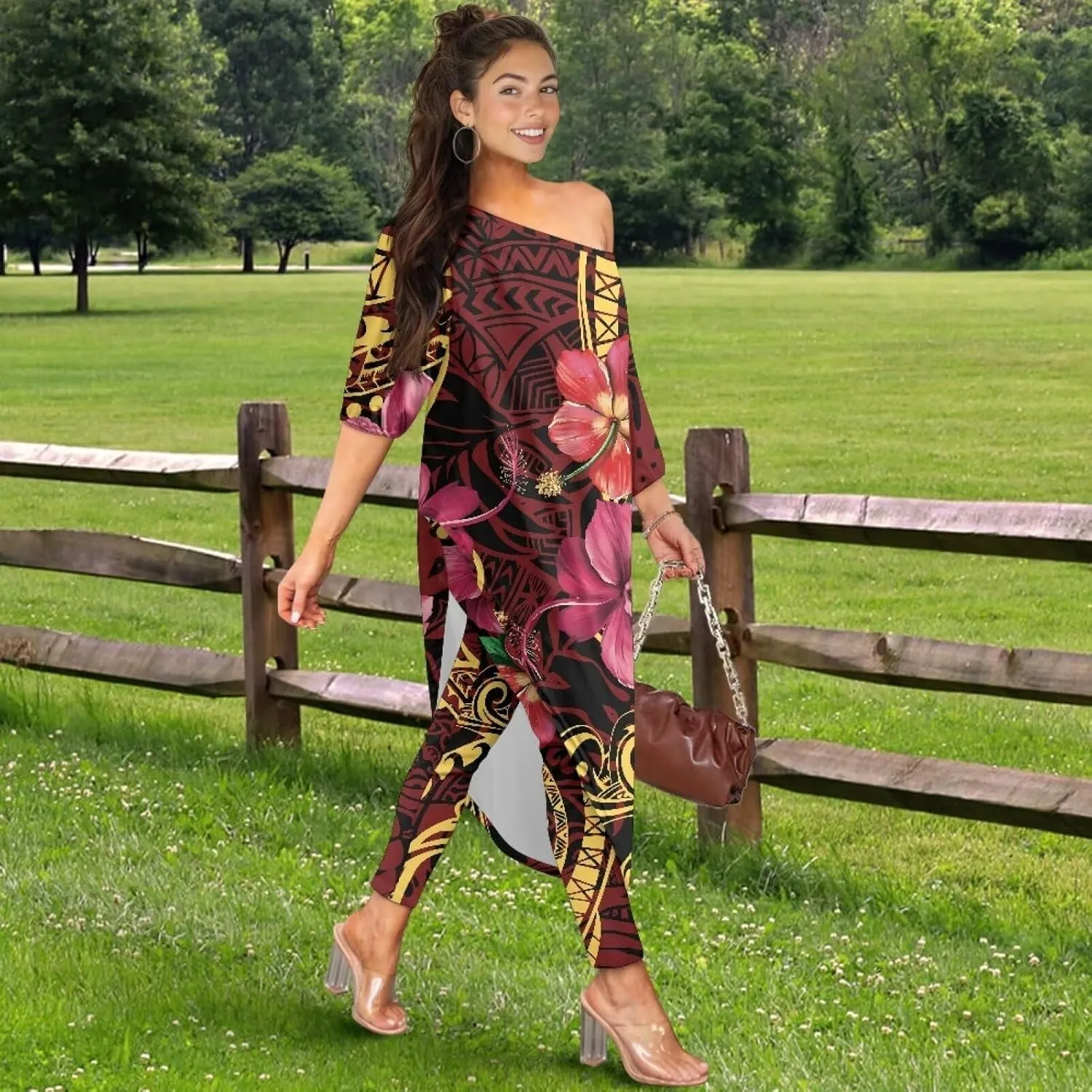 Polynesian Tapa Puletasi Samoan Womens Tracksuits Off The Shoulder Asymmetrica Tops Bodycon Pants Sweatsuit Sets