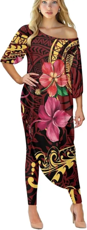 Polynesian Tapa Puletasi Samoan Womens Tracksuits Off The Shoulder Asymmetrica Tops Bodycon Pants Sweatsuit Sets