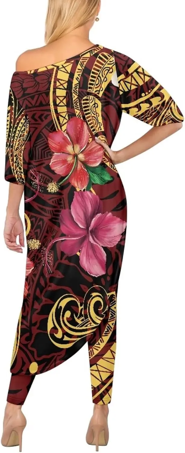 Polynesian Tapa Puletasi Samoan Womens Tracksuits Off The Shoulder Asymmetrica Tops Bodycon Pants Sweatsuit Sets