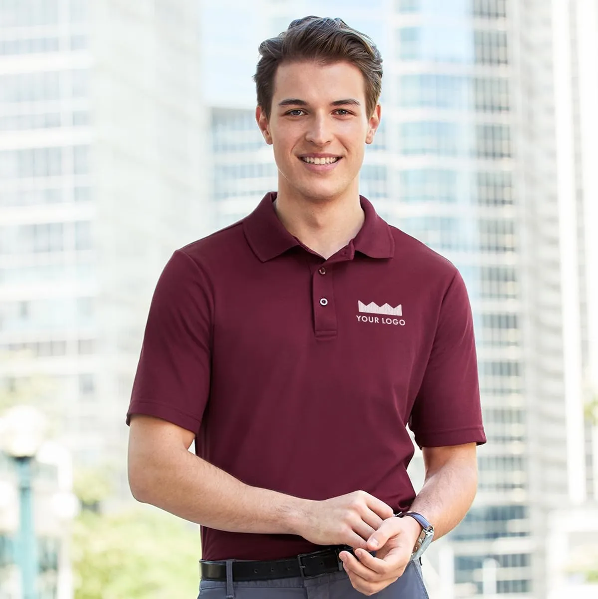 Queensboro Custom Embroidered Logo Polo Shirt. Men's Luxury Hybrid Jersey Polo. Cotton-Poly Blend. Classic Fit.