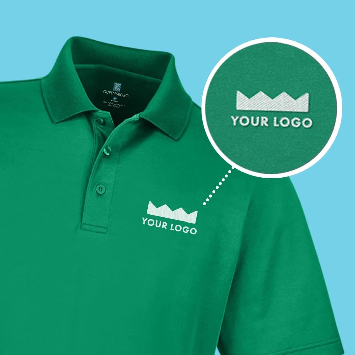Queensboro Custom Embroidered Logo Polo Shirt. Men's Luxury Hybrid Jersey Polo. Cotton-Poly Blend. Classic Fit.
