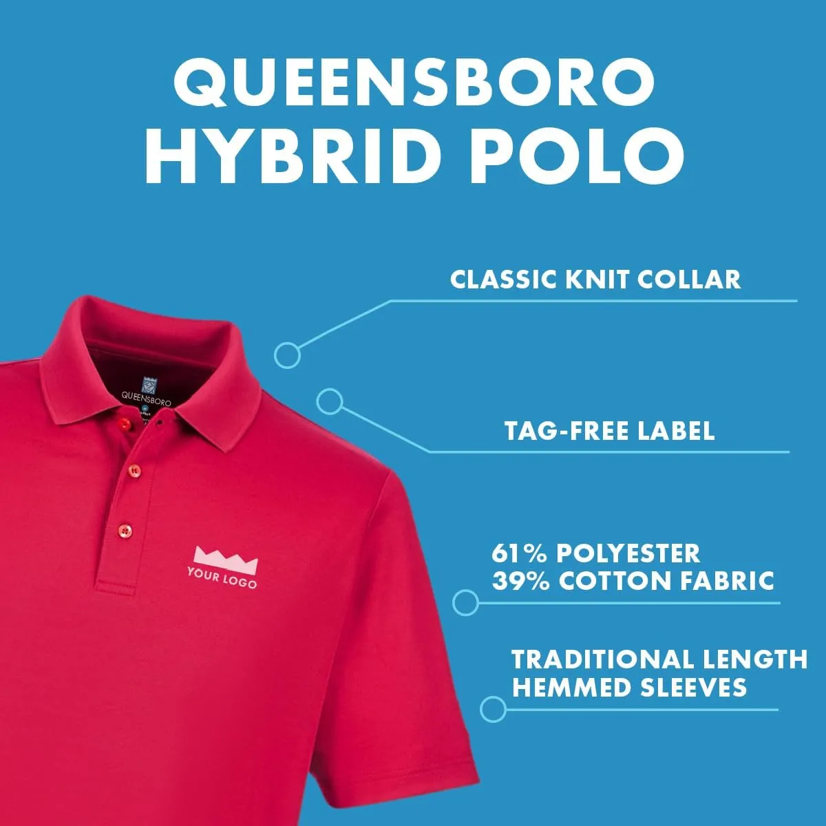 Queensboro Custom Embroidered Logo Polo Shirt. Men's Luxury Hybrid Jersey Polo. Cotton-Poly Blend. Classic Fit.