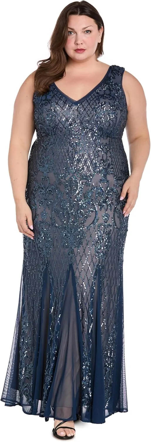 R&M Richards Beaded V-Neck Long Gown W/Mesh Contrast Insets & Sequin Embellishments