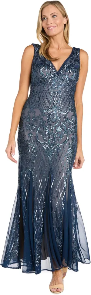 R&M Richards Beaded V-Neck Long Gown W/Mesh Contrast Insets & Sequin Embellishments