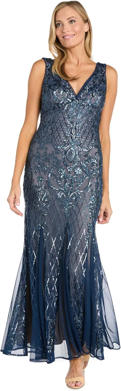 R&M Richards Beaded V-Neck Long Gown W/Mesh Contrast Insets & Sequin Embellishments