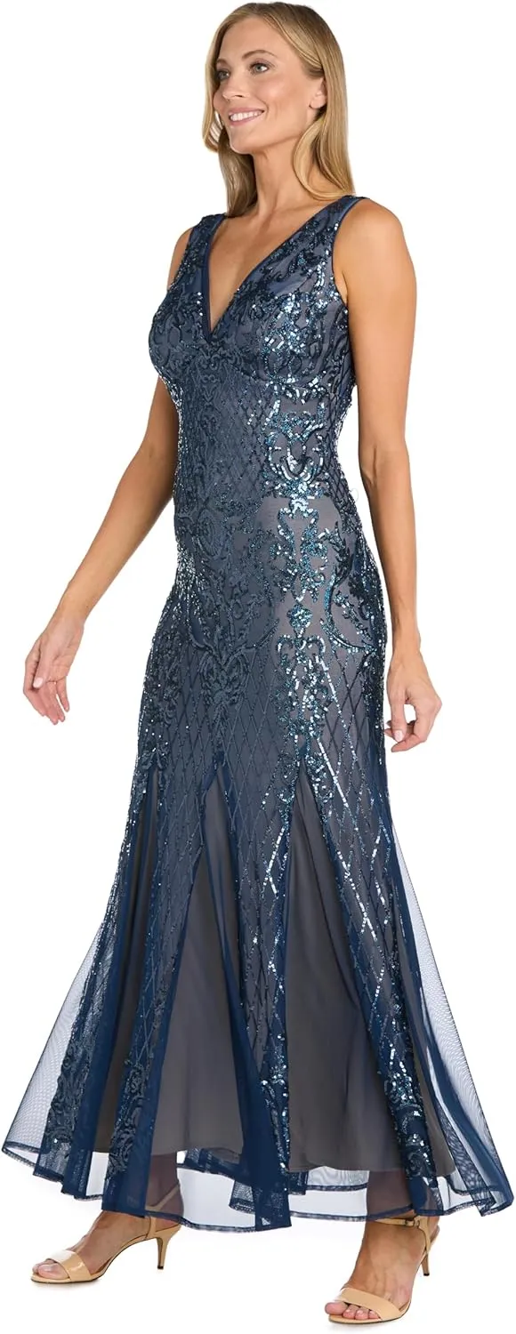 R&M Richards Beaded V-Neck Long Gown W/Mesh Contrast Insets & Sequin Embellishments