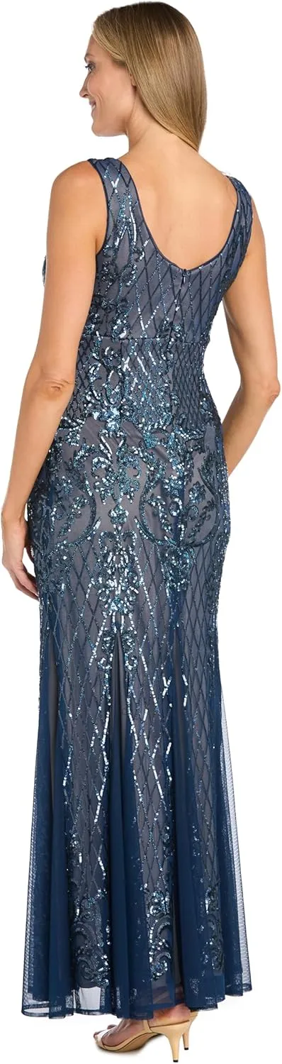 R&M Richards Beaded V-Neck Long Gown W/Mesh Contrast Insets & Sequin Embellishments