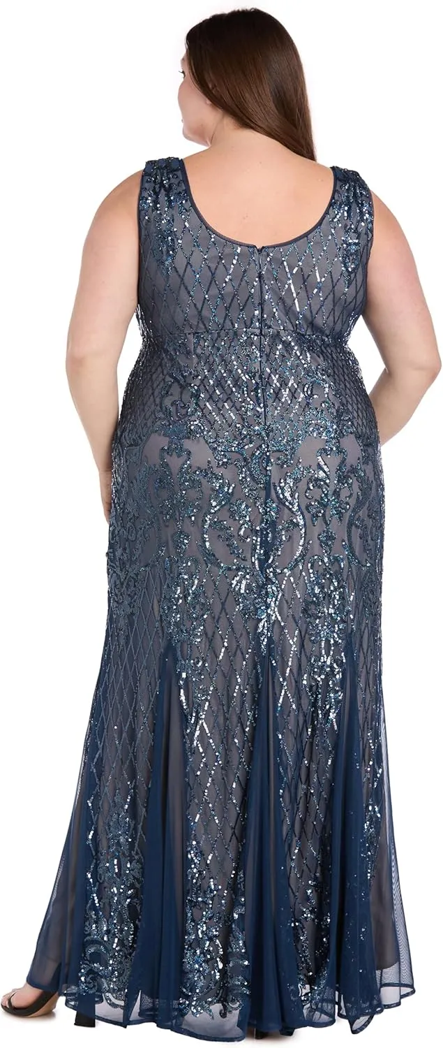 R&M Richards Beaded V-Neck Long Gown W/Mesh Contrast Insets & Sequin Embellishments