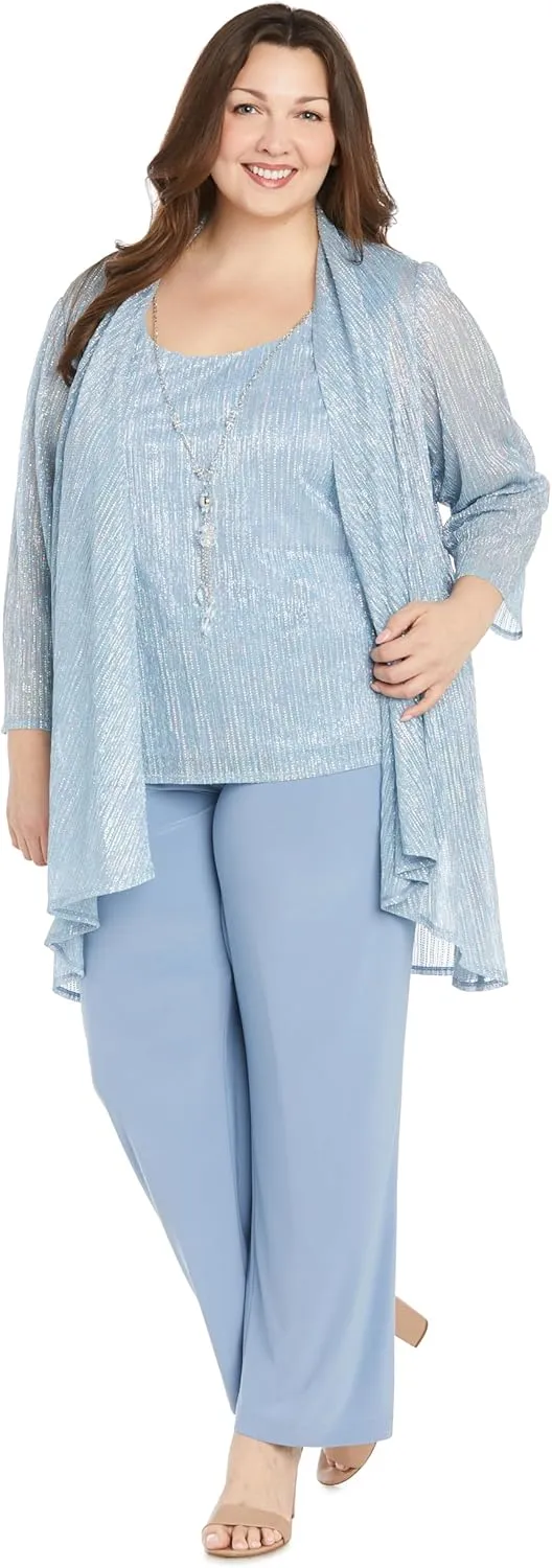 R&M Richards Elegant 3-Piece Sequin Duster Pant Set W/Necklace - Wide-Leg Pull-On Pants & Shimmer Tank