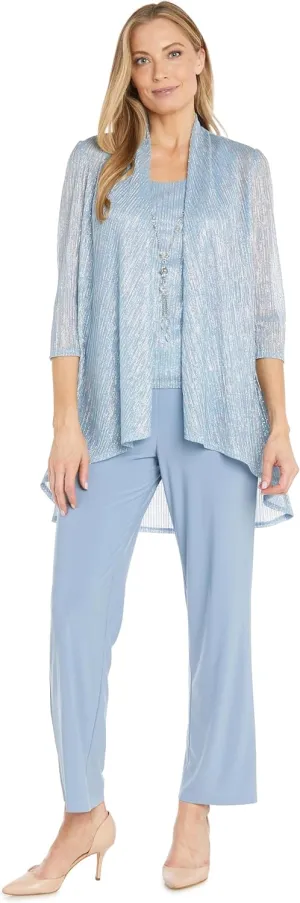 R&M Richards Elegant 3-Piece Sequin Duster Pant Set W/Necklace - Wide-Leg Pull-On Pants & Shimmer Tank