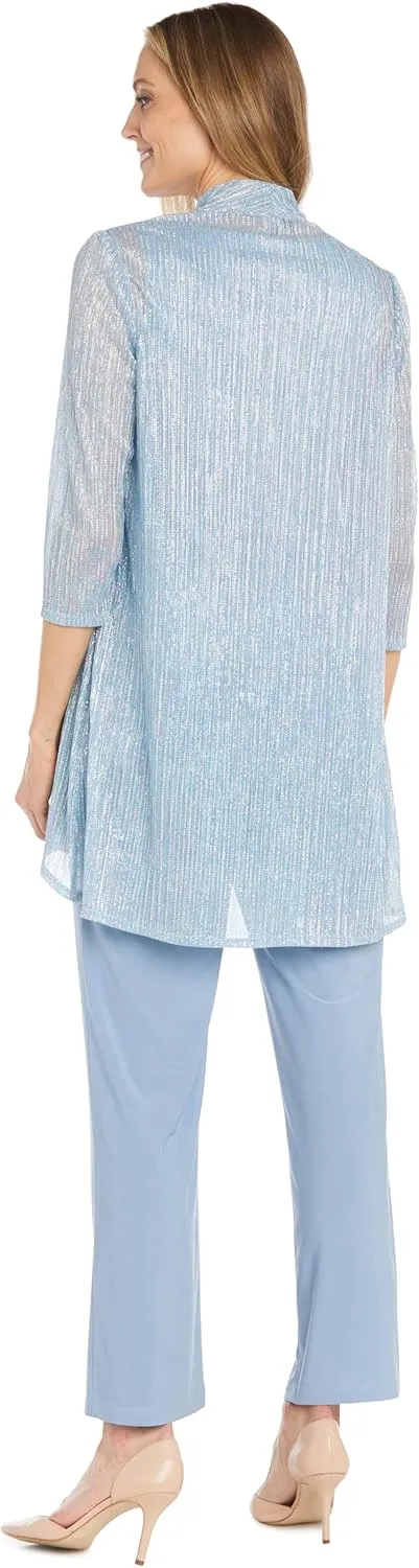 R&M Richards Elegant 3-Piece Sequin Duster Pant Set W/Necklace - Wide-Leg Pull-On Pants & Shimmer Tank
