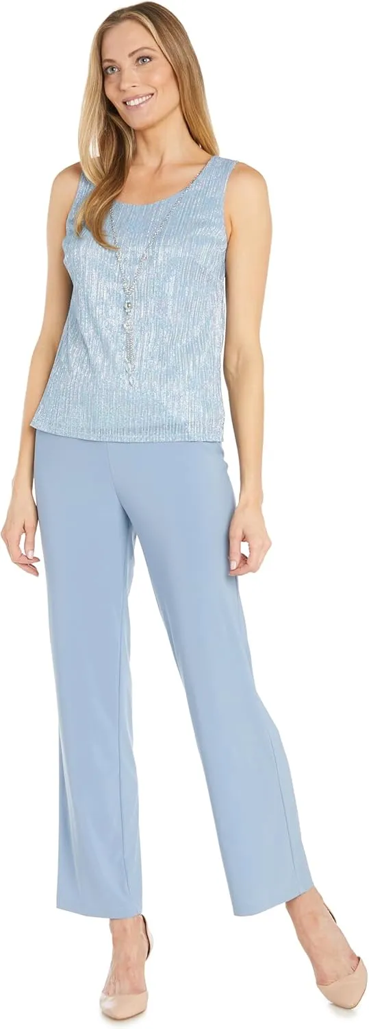 R&M Richards Elegant 3-Piece Sequin Duster Pant Set W/Necklace - Wide-Leg Pull-On Pants & Shimmer Tank