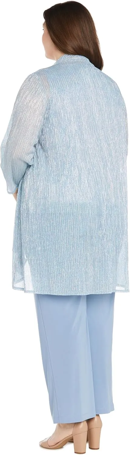 R&M Richards Elegant 3-Piece Sequin Duster Pant Set W/Necklace - Wide-Leg Pull-On Pants & Shimmer Tank
