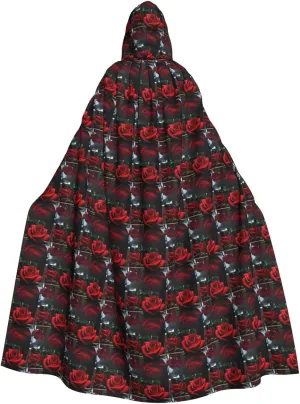 Red Mirror Rose print Hooded cape for adults, Oversized Hooded Cloak with Bow Tie, Adult party dress cape