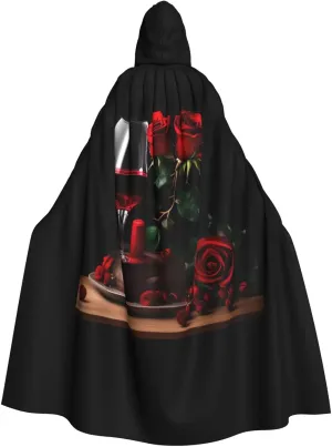 Red Rose and Wine Romantic Lovers Decor print Hooded cape for adults, Oversized Hooded Cloak with Bow Tie, Adult party dress cape