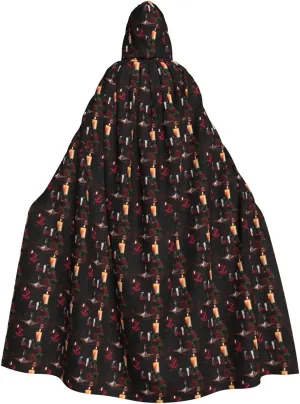 Red Wine Rose and Candle print Hooded cape for adults, Oversized Hooded Cloak with Bow Tie, Adult party dress cape