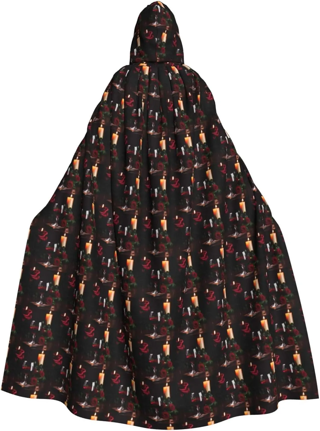 Red Wine Rose and Candle print Hooded cape for adults, Oversized Hooded Cloak with Bow Tie, Adult party dress cape