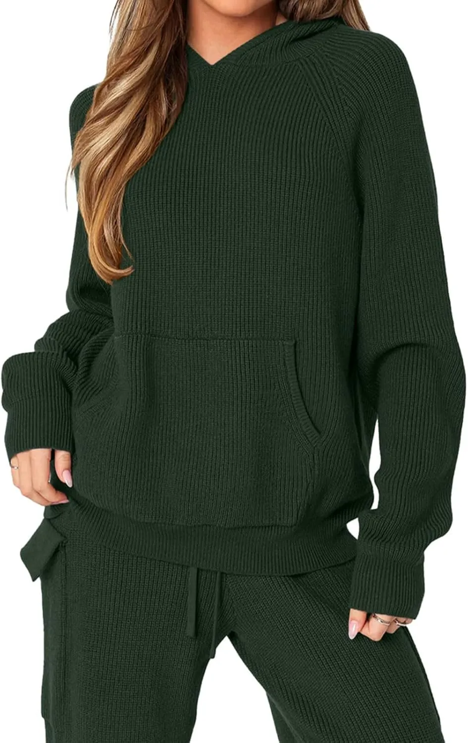 REORIA Women 2 Piece Knit Sweater Set Lounge Hoodie & Cargo Pants Outfit for Fall Winter 2024 Travel Style