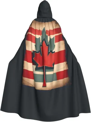 Retro Canada Flag pattern print Hooded cape for adults, Oversized Hooded Cloak with Bow Tie, Adult party dress cape