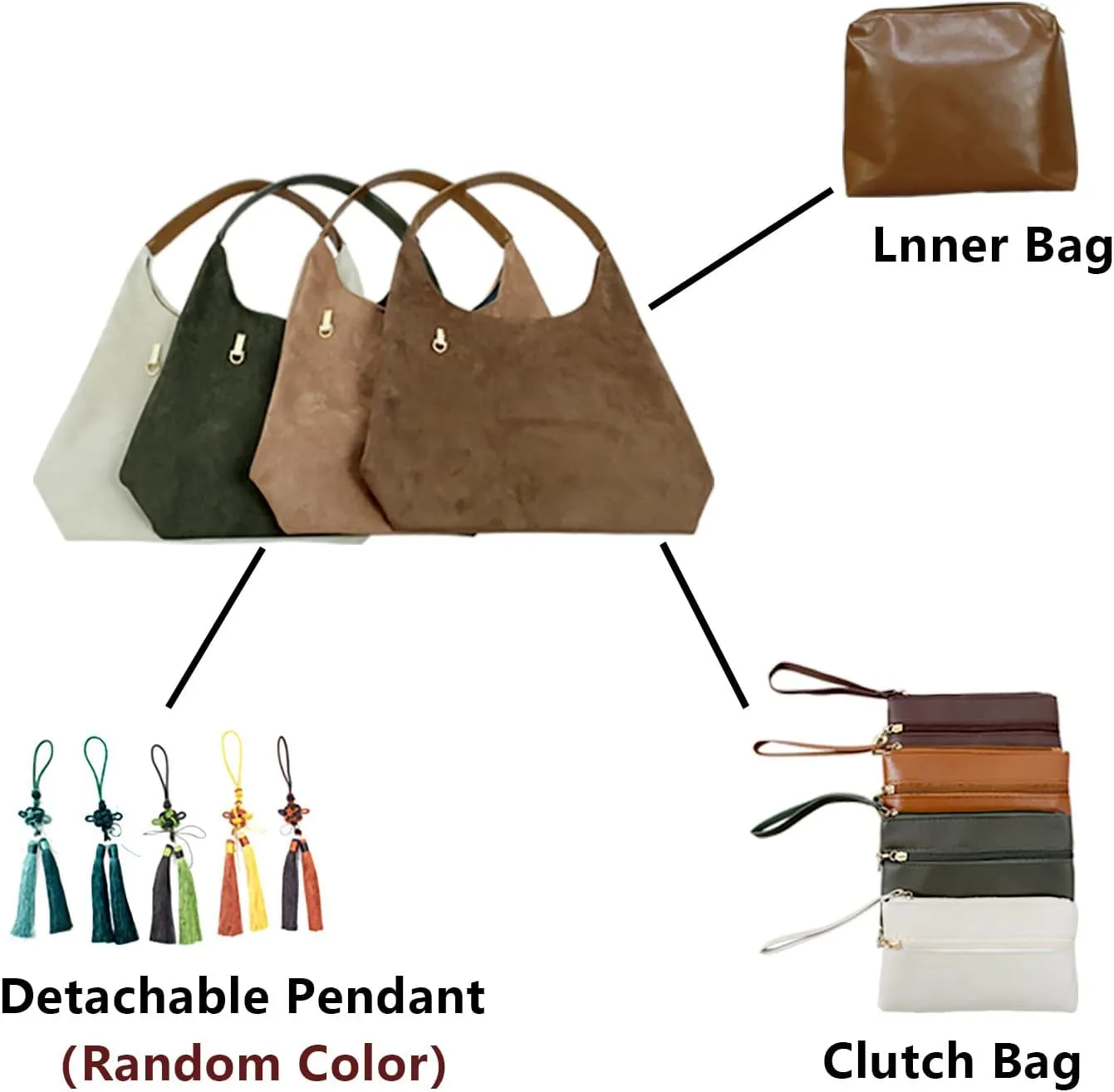 Retro Hobo Tote Bag for Women, Brown Suede Bag & Wallet Set, Durable Lightweight Designer Handbag for Commuter