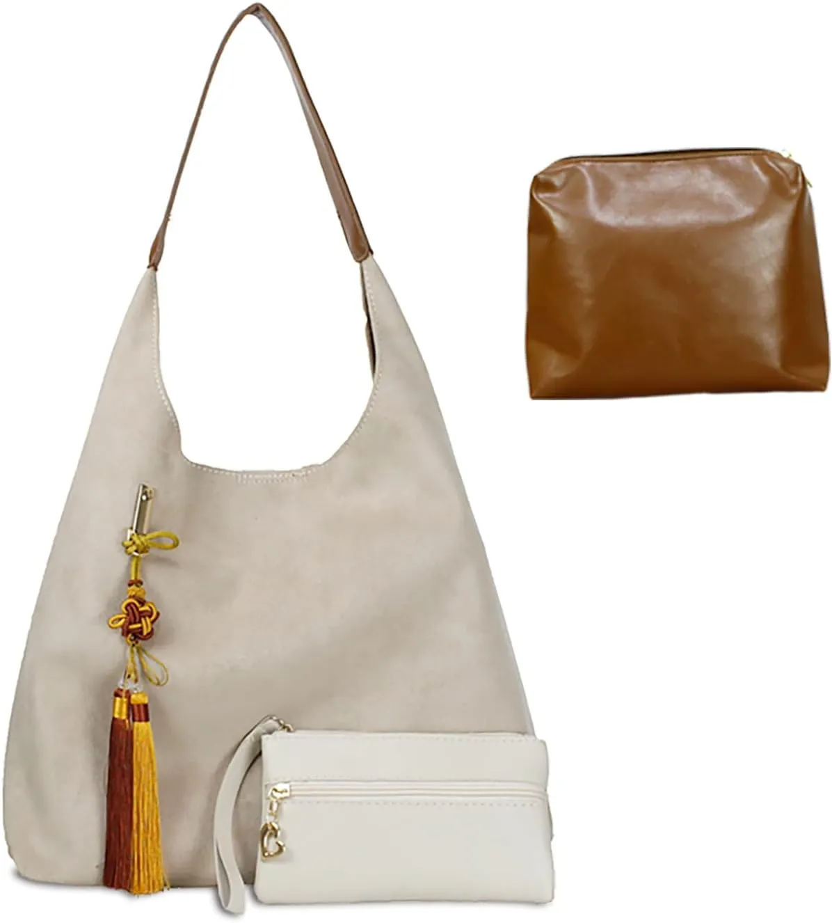 Retro Hobo Tote Bag for Women, Brown Suede Bag & Wallet Set, Durable Lightweight Designer Handbag for Commuter