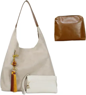 Retro Hobo Tote Bag for Women, Brown Suede Bag & Wallet Set, Durable Lightweight Designer Handbag for Commuter