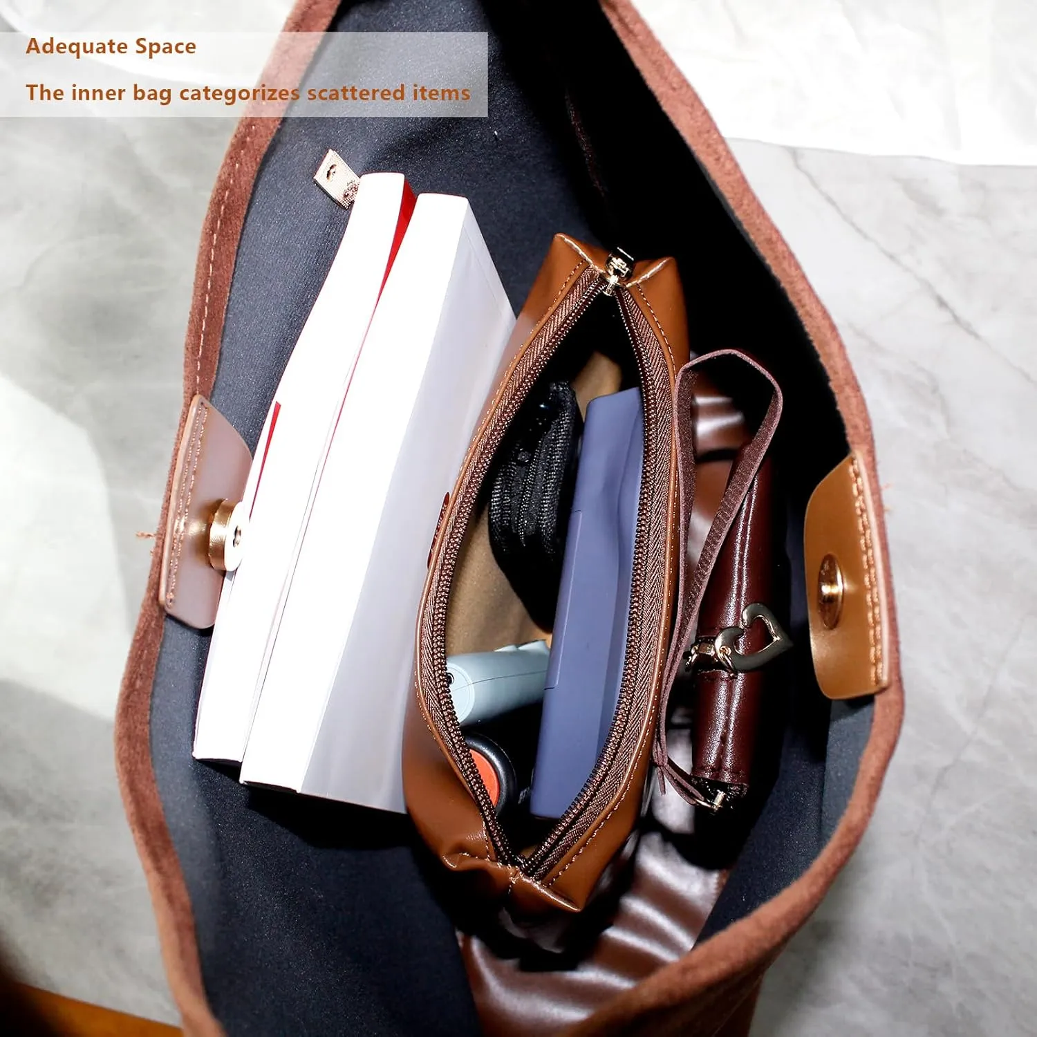 Retro Hobo Tote Bag for Women, Brown Suede Bag & Wallet Set, Durable Lightweight Designer Handbag for Commuter