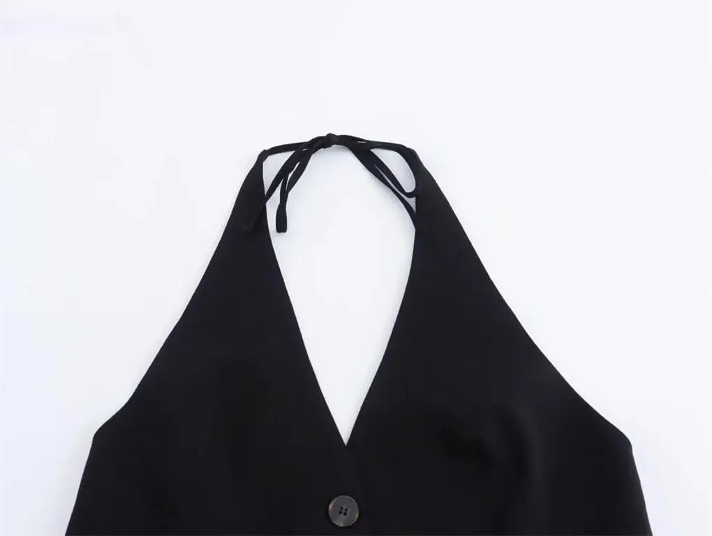 Rfmfkkg Women Halters Camisole Top With Tie V-Neck Pockets Open Back Tank Causal Female Single Breasted Vest
