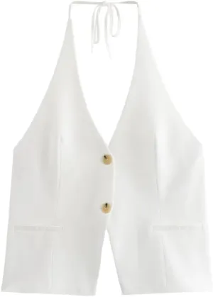 Rfmfkkg Women Halters Camisole Top With Tie V-Neck Pockets Open Back Tank Causal Female Single Breasted Vest