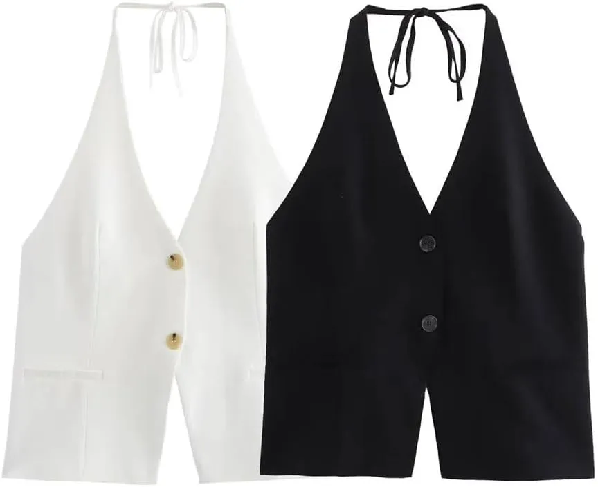 Rfmfkkg Women Halters Camisole Top With Tie V-Neck Pockets Open Back Tank Causal Female Single Breasted Vest