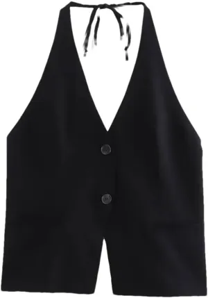 Rfmfkkg Women Halters Camisole Top With Tie V-Neck Pockets Open Back Tank Causal Female Single Breasted Vest