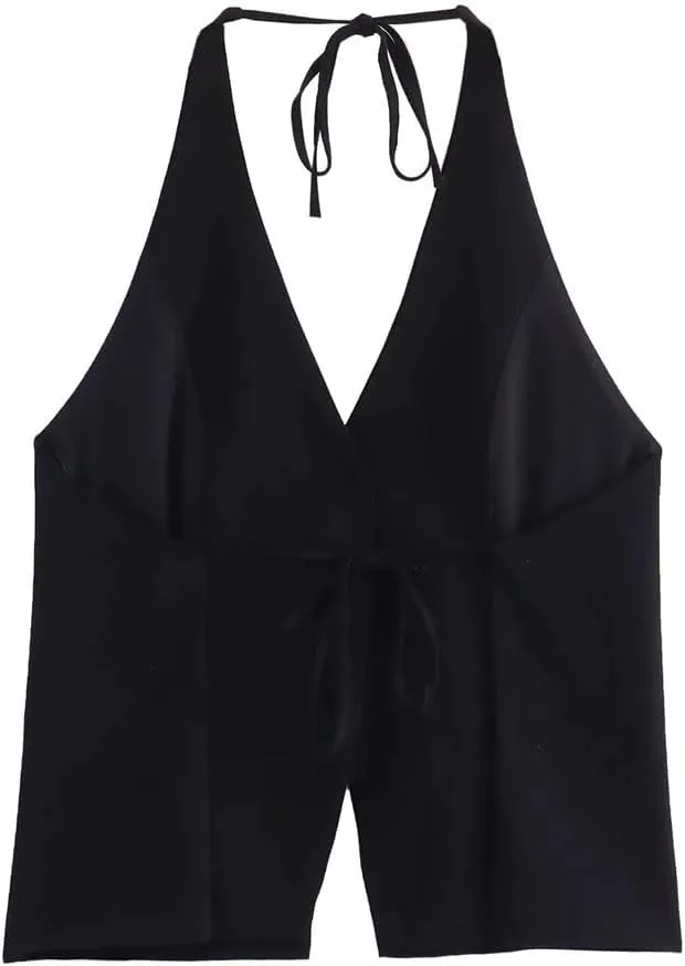 Rfmfkkg Women Halters Camisole Top With Tie V-Neck Pockets Open Back Tank Causal Female Single Breasted Vest