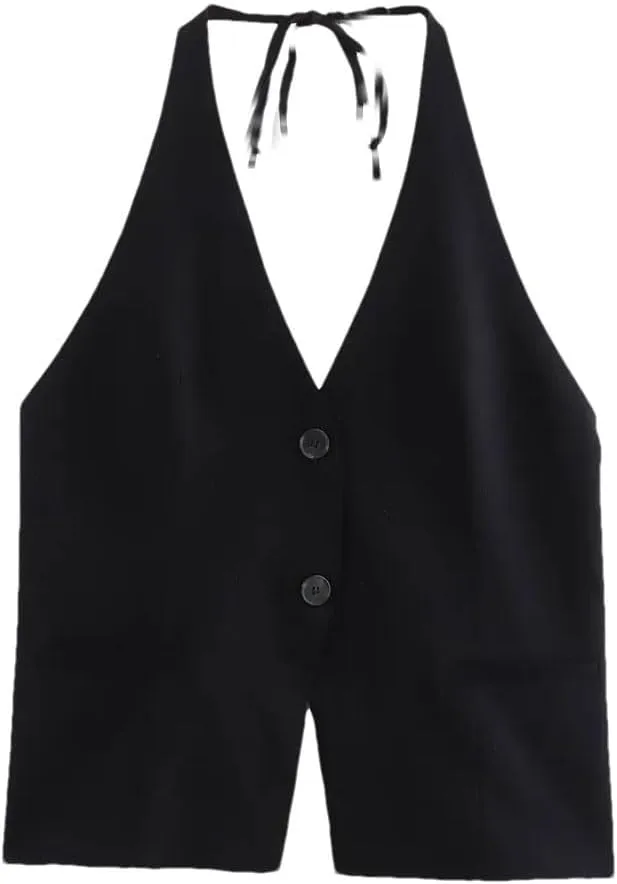 Rfmfkkg Women Halters Camisole Top With Tie V-Neck Pockets Open Back Tank Causal Female Single Breasted Vest