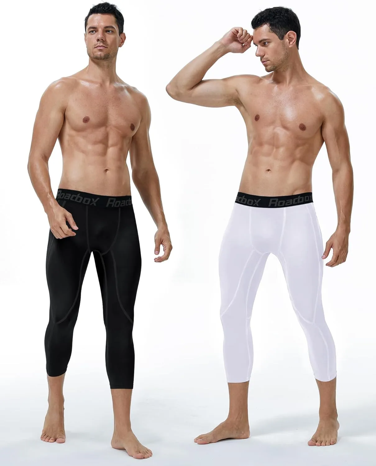 Roadbox 2 Pack Men's 3/4 Compression Pants, Athletic Basketball Workout Tights Leggings, Sport Running Spandex Base Layer