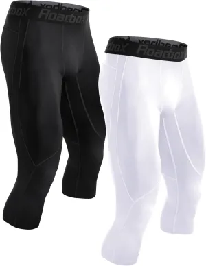Roadbox 2 Pack Men's 3/4 Compression Pants, Athletic Basketball Workout Tights Leggings, Sport Running Spandex Base Layer