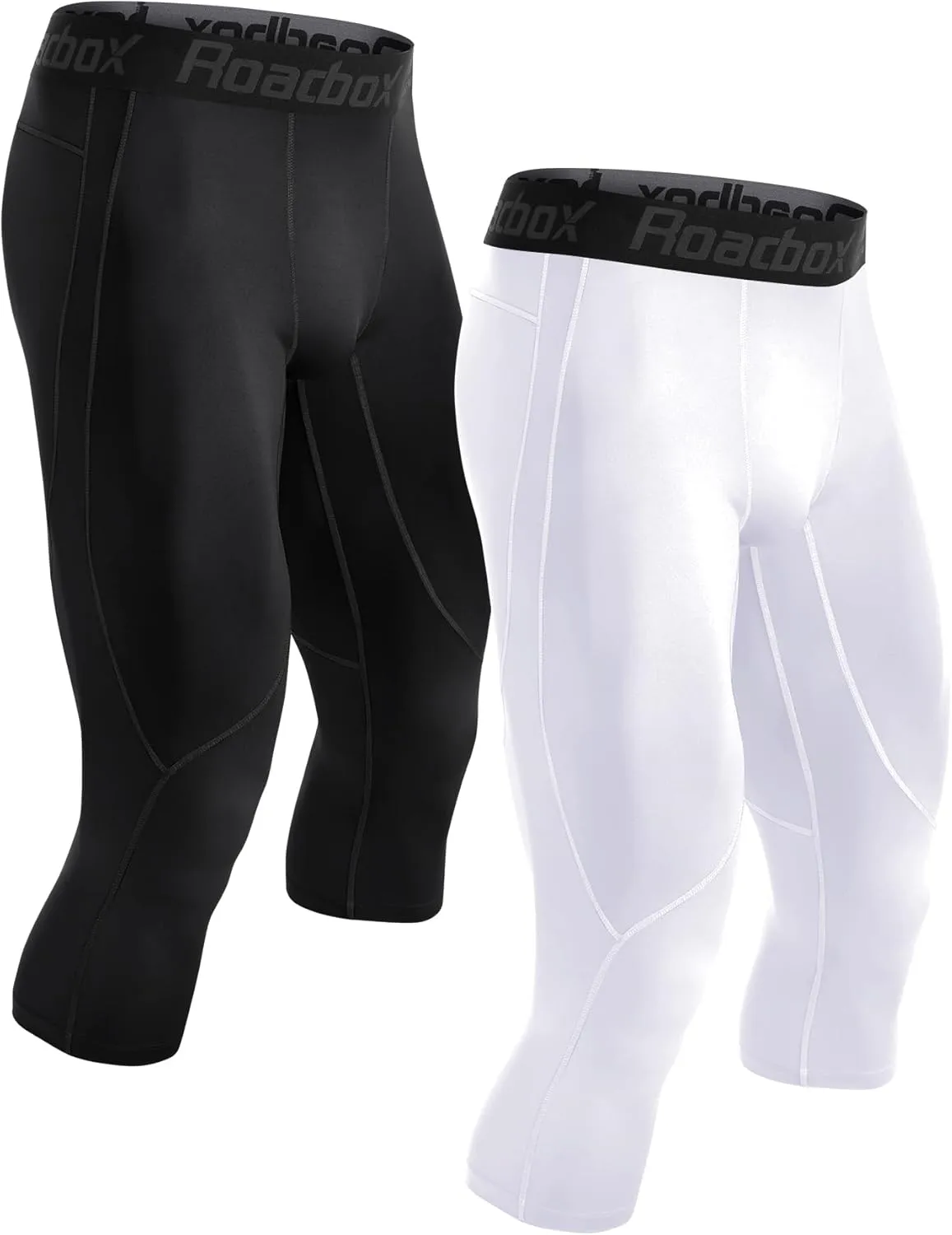 Roadbox 2 Pack Men's 3/4 Compression Pants, Athletic Basketball Workout Tights Leggings, Sport Running Spandex Base Layer