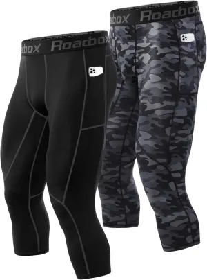 Roadbox Mens 3/4 Compression Pants with Pockets, 1/2 Pack Athletic Running Legging Tights, Workout Basketball Gym Base Layer