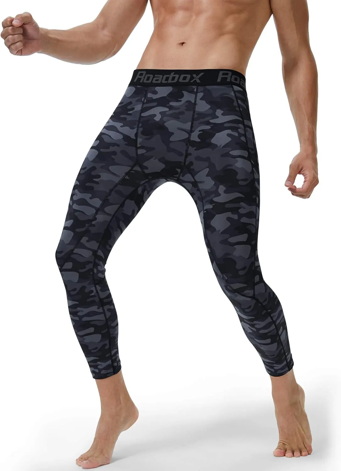 Roadbox Mens 3/4 Compression Pants with Pockets, 1/2 Pack Athletic Running Legging Tights, Workout Basketball Gym Base Layer